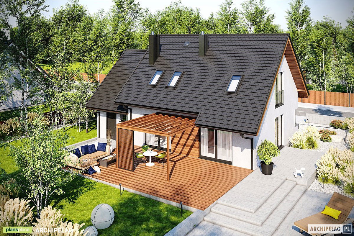 Mājas projekts ar mansardu 175 m²: 3 Guļamistabas, Darba istaba, 2 Vannasistabas, Atvērta virtuve, Garāža