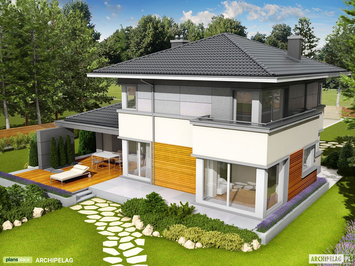 Divstāvu mājas projekts 162 m²: 3 Guļamistabas, Darba istaba, 2 Vannasistabas, Atvērta virtuve, Garāža
