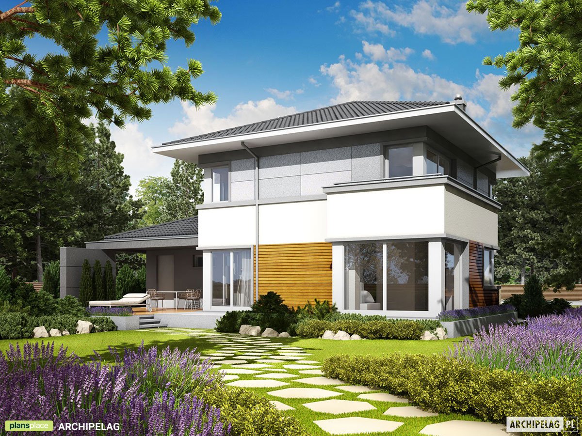 Divstāvu mājas projekts 162 m²: 3 Guļamistabas, Darba istaba, 2 Vannasistabas, Atvērta virtuve, Garāža
