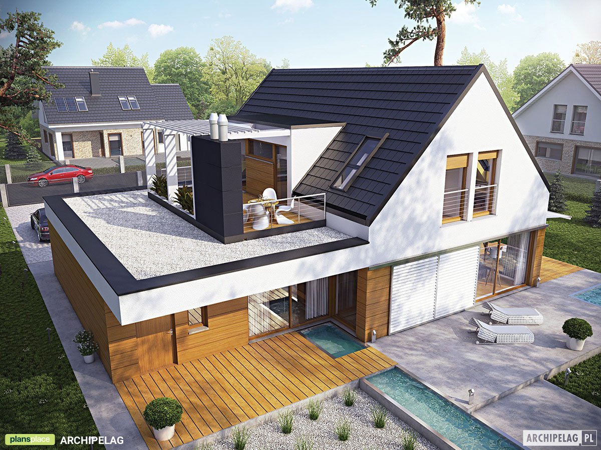 Mājas projekts ar mansardu 207 m²: 3 Guļamistabas, Darba istaba, 2 Vannasistabas, Atvērta virtuve, Garāža