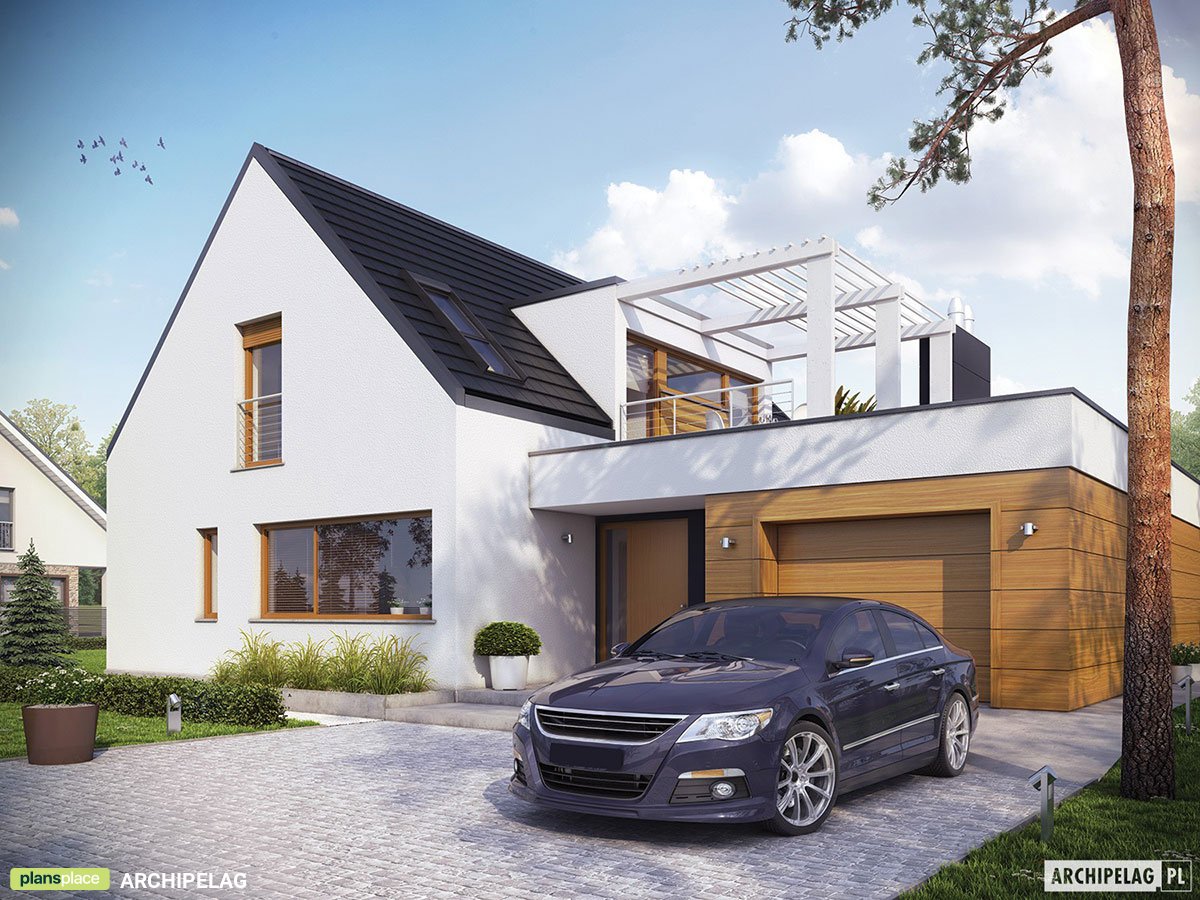 Mājas projekts ar mansardu 207 m²: 3 Guļamistabas, Darba istaba, 2 Vannasistabas, Atvērta virtuve, Garāža