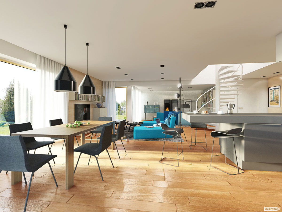 Mājas projekts ar mansardu 207 m²: 3 Guļamistabas, Darba istaba, 2 Vannasistabas, Atvērta virtuve, Garāža