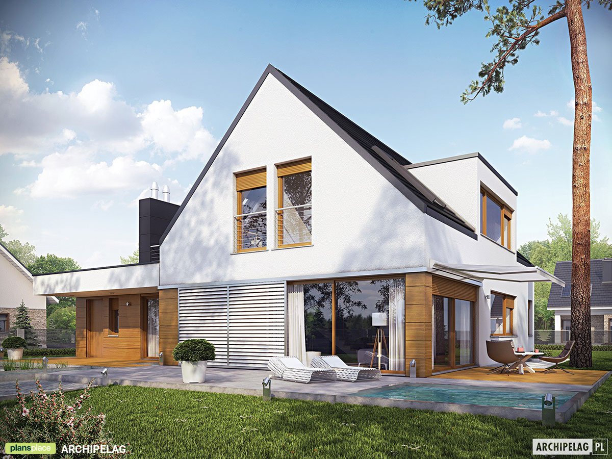 Mājas projekts ar mansardu 207 m²: 3 Guļamistabas, Darba istaba, 2 Vannasistabas, Atvērta virtuve, Garāža