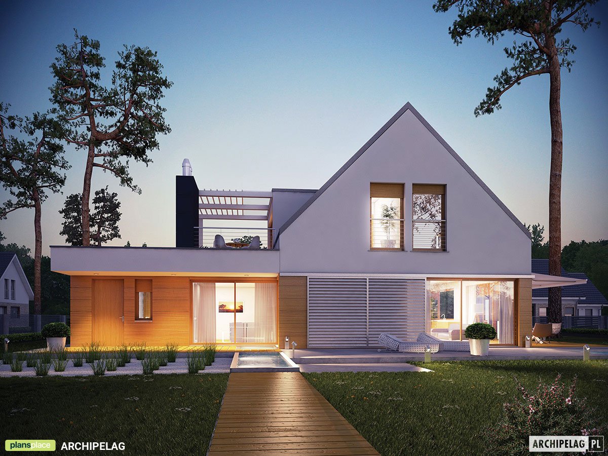 Mājas projekts ar mansardu 207 m²: 3 Guļamistabas, Darba istaba, 2 Vannasistabas, Atvērta virtuve, Garāža