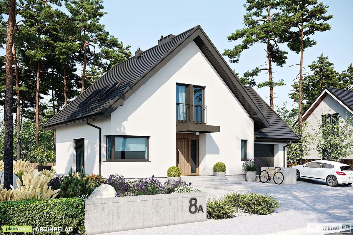 Mājas projekts ar mansardu 165 m²: 3 Guļamistabas, Darba istaba, 2 Vannasistabas, Atvērta virtuve, Garāža