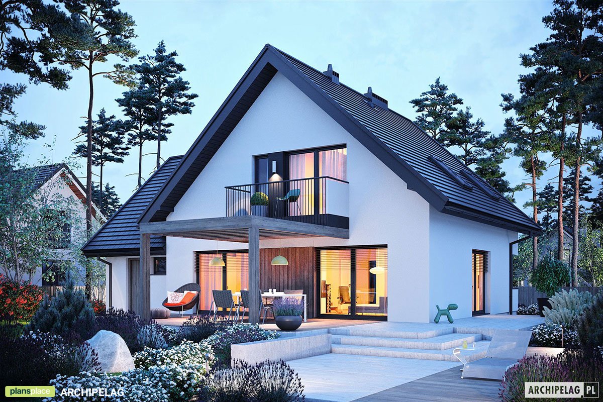 Mājas projekts ar mansardu 165 m²: 3 Guļamistabas, Darba istaba, 2 Vannasistabas, Atvērta virtuve, Garāža
