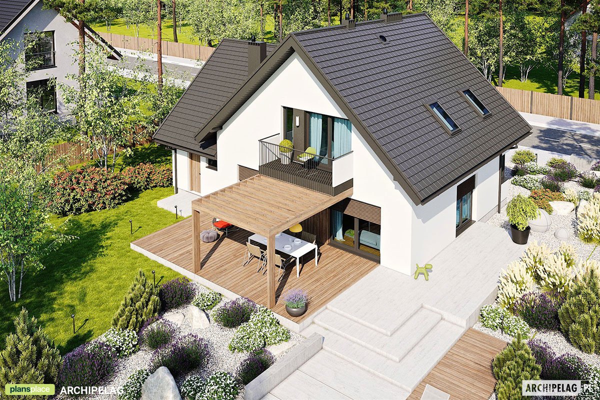 Mājas projekts ar mansardu 165 m²: 3 Guļamistabas, Darba istaba, 2 Vannasistabas, Atvērta virtuve, Garāža