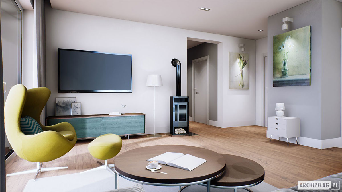 Vienstāva mājas projekts 106 m²: 3 Guļamistabas, 2 Vannasistabas, Atvērta virtuve, Garāža