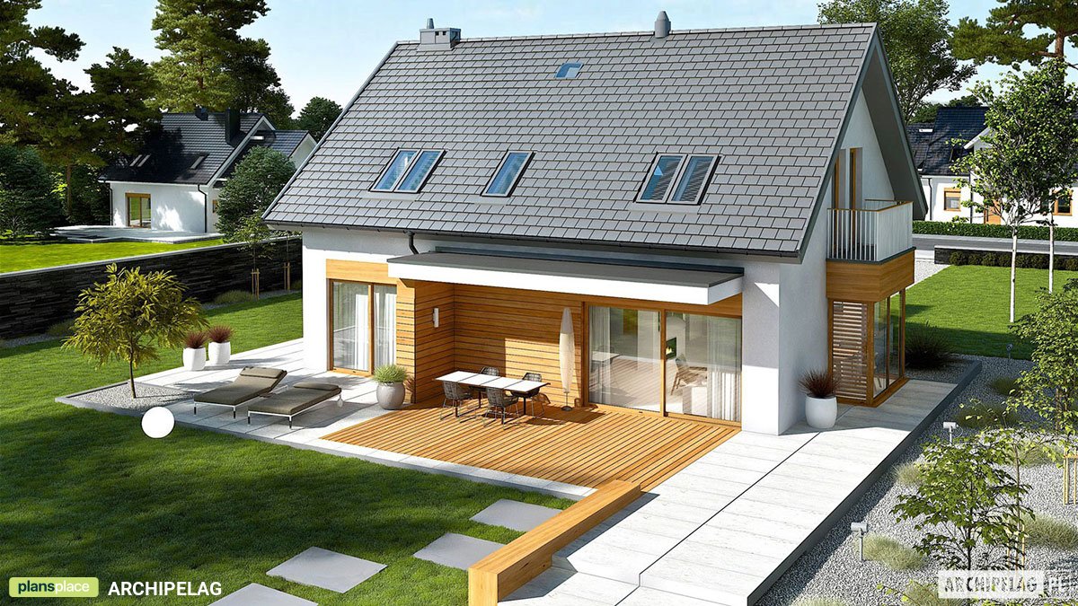 Mājas projekts ar mansardu 196 m²: 3 Guļamistabas, Darba istaba, 3 Vannasistabas, Atvērta virtuve, Garāža