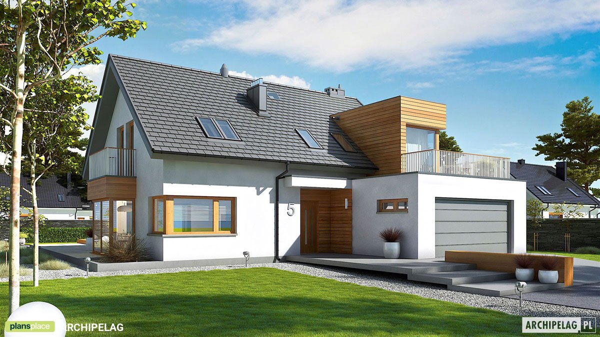 Mājas projekts ar mansardu 196 m²: 3 Guļamistabas, Darba istaba, 3 Vannasistabas, Atvērta virtuve, Garāža