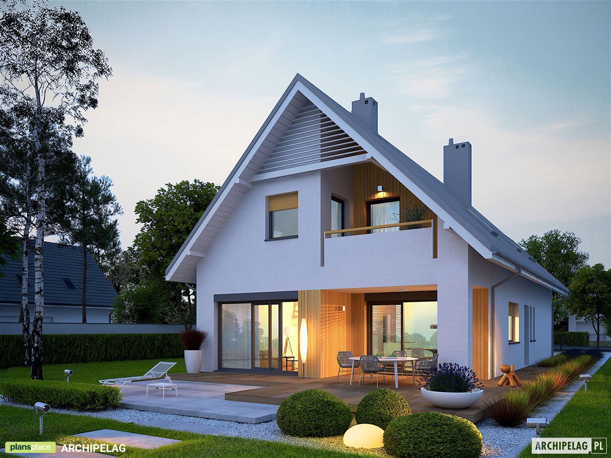 Mājas projekts ar mansardu 163 m²: 3 Guļamistabas, Darba istaba, 3 Vannasistabas, Atvērta virtuve, Garāža
