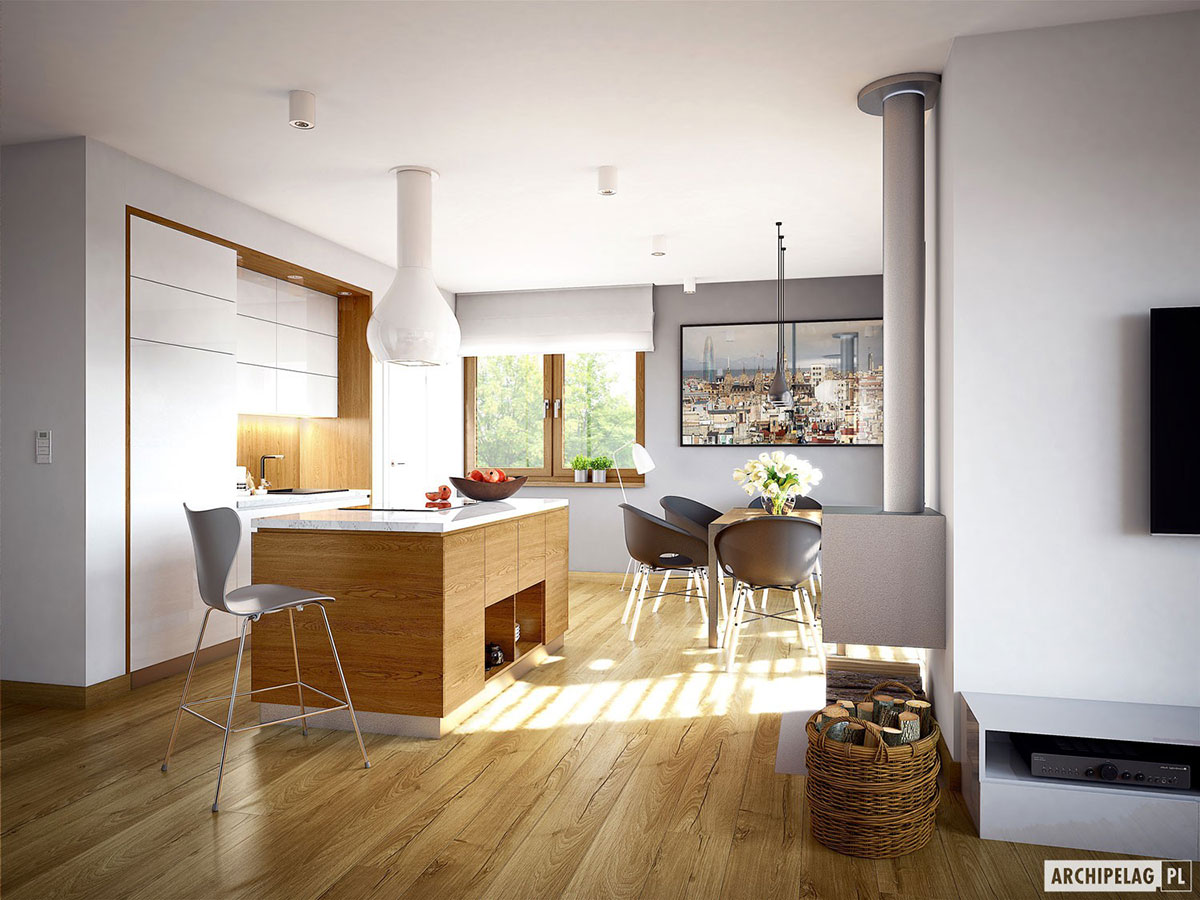 Mājas projekts ar mansardu 163 m²: 3 Guļamistabas, Darba istaba, 3 Vannasistabas, Atvērta virtuve, Garāža