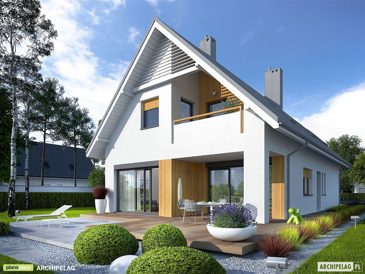 Mājas projekts ar mansardu 163 m²: 3 Guļamistabas, Darba istaba, 3 Vannasistabas, Atvērta virtuve, Garāža