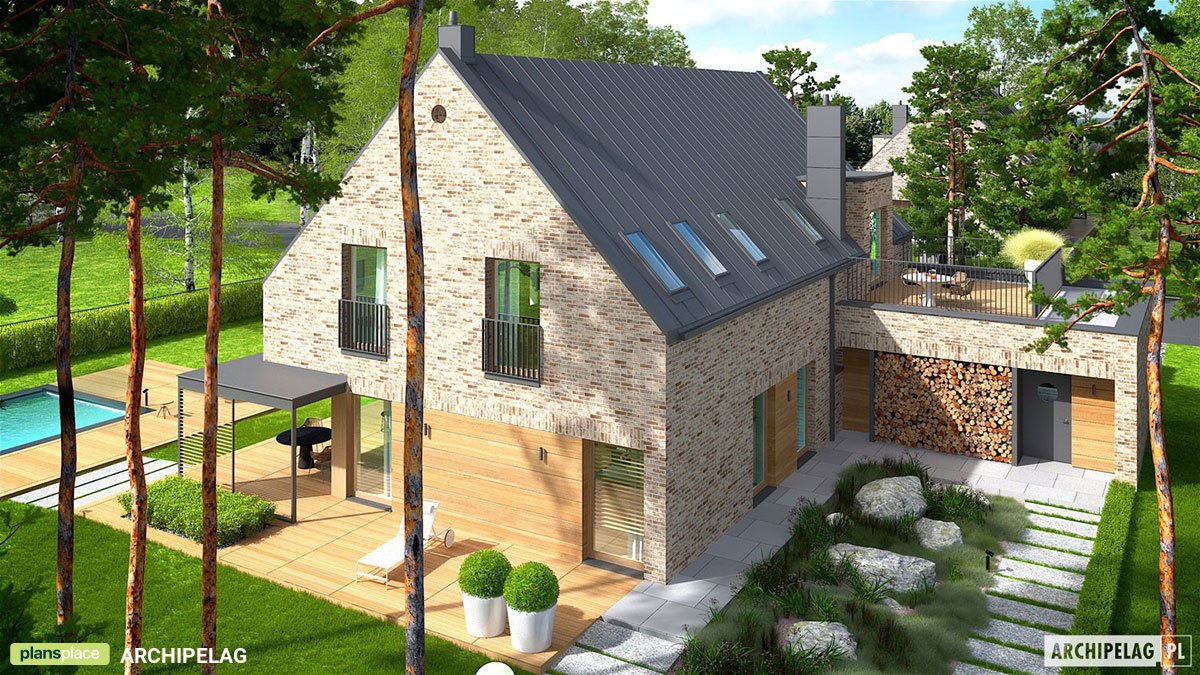Mājas projekts ar mansardu 298 m²: 4 Guļamistabas, Darba istaba, 3 Vannasistabas, Atvērta virtuve, Garāža