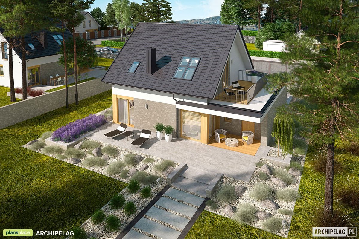 Mājas projekts ar mansardu 130 m²: 3 Guļamistabas, 2 Vannasistabas, Atvērta virtuve, Garāža