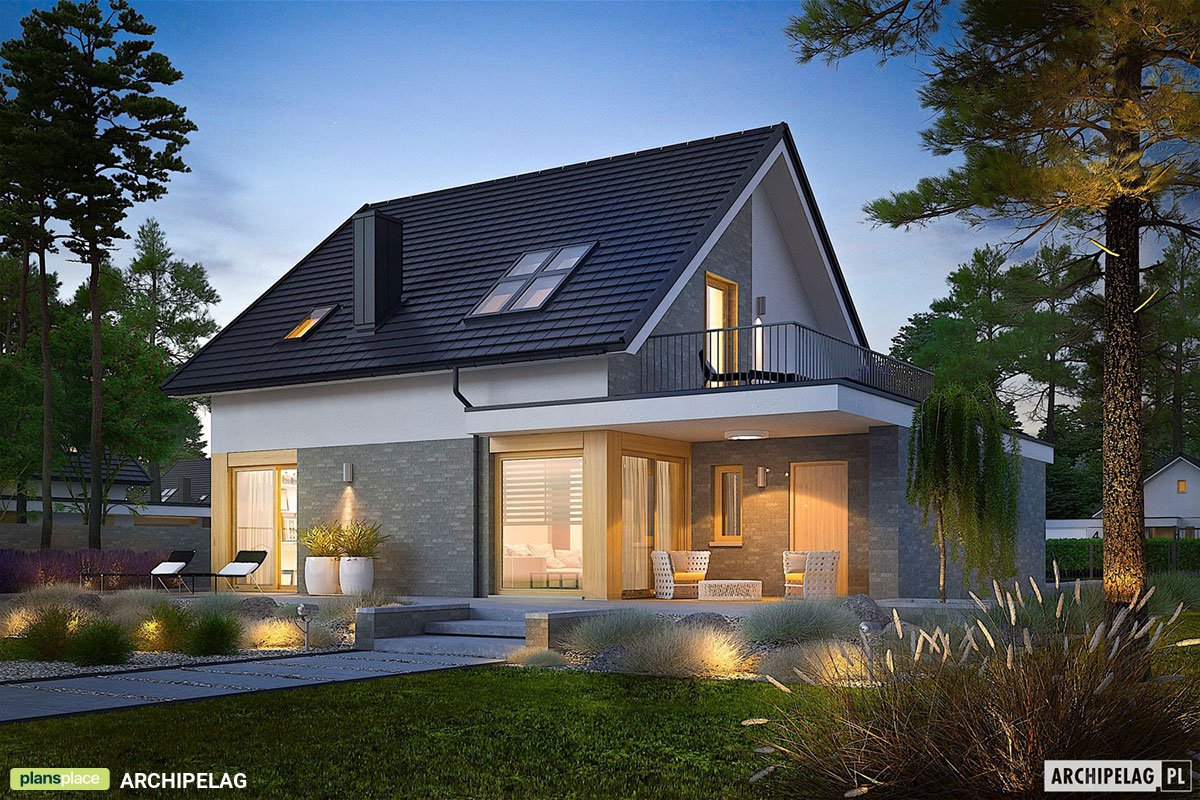 Mājas projekts ar mansardu 130 m²: 3 Guļamistabas, 2 Vannasistabas, Atvērta virtuve, Garāža