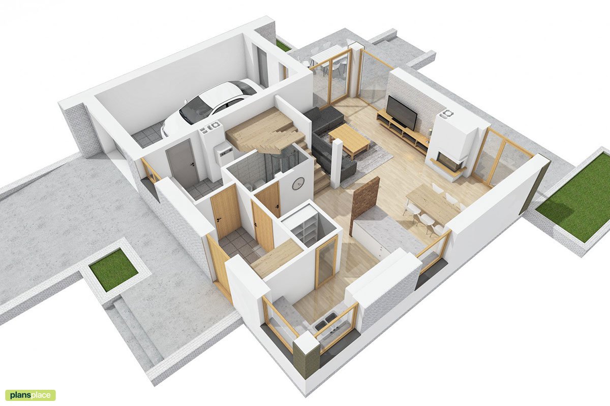 Mājas projekts ar mansardu 130 m²: 3 Guļamistabas, 2 Vannasistabas, Atvērta virtuve, Garāža
