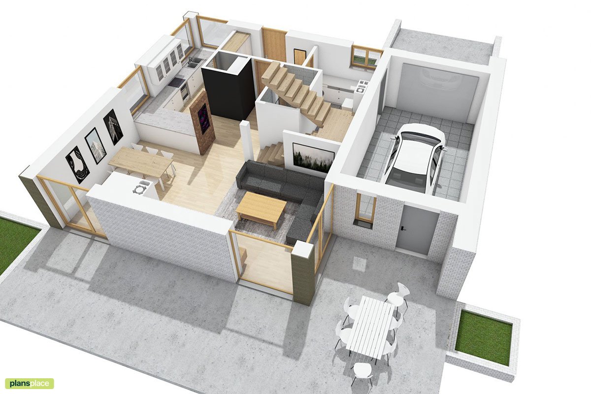 Mājas projekts ar mansardu 130 m²: 3 Guļamistabas, 2 Vannasistabas, Atvērta virtuve, Garāža