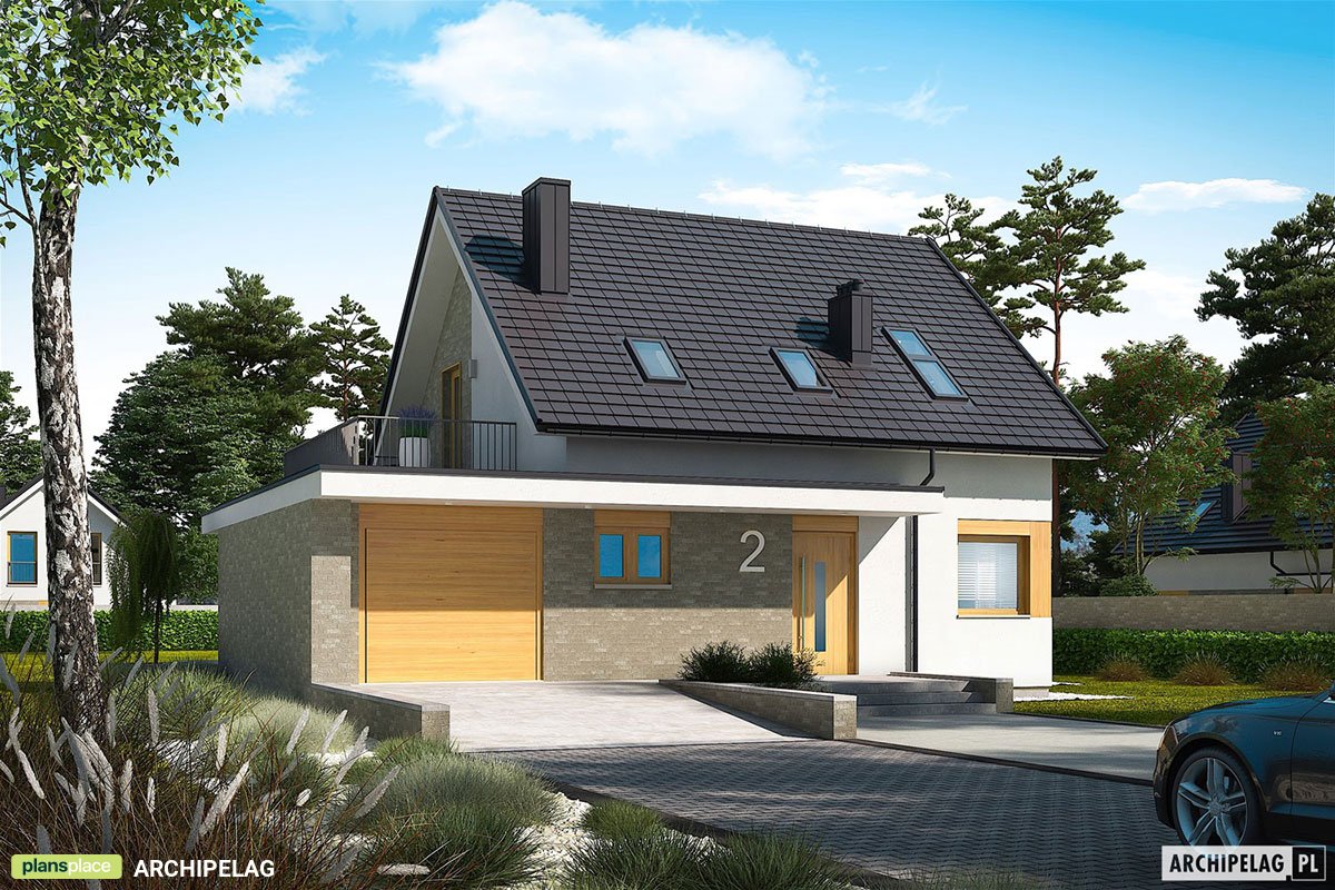 Mājas projekts ar mansardu 130 m²: 3 Guļamistabas, 2 Vannasistabas, Atvērta virtuve, Garāža