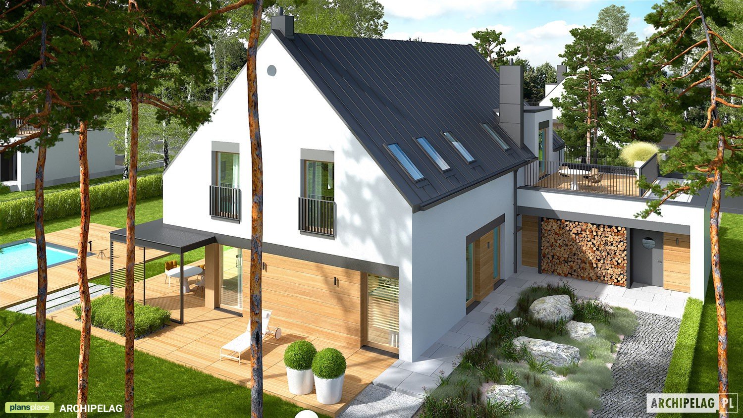 Mājas projekts ar mansardu 298 m²: 4 Guļamistabas, Darba istaba, 3 Vannasistabas, Atvērta virtuve, Garāža