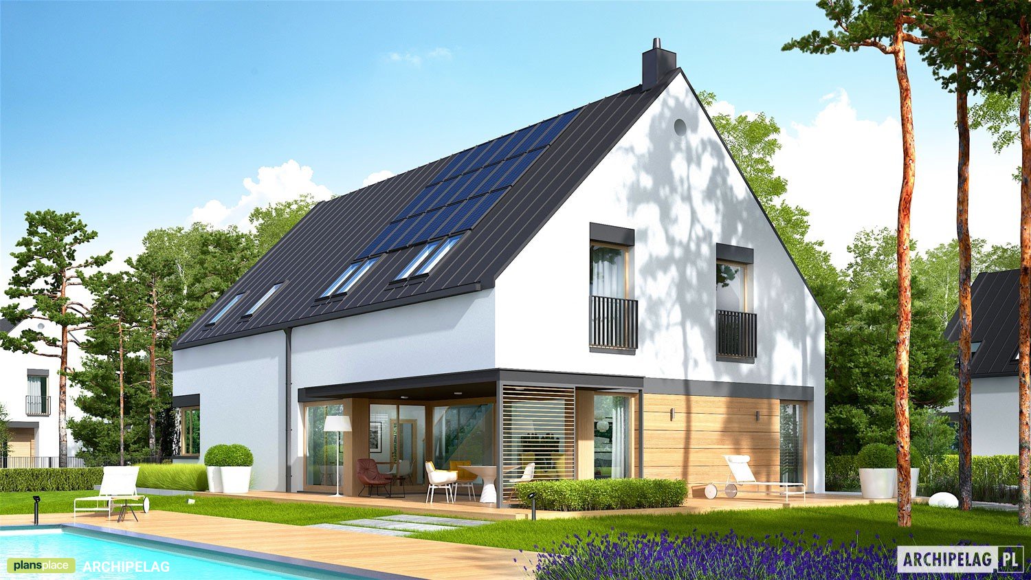 Mājas projekts ar mansardu 298 m²: 4 Guļamistabas, Darba istaba, 3 Vannasistabas, Atvērta virtuve, Garāža