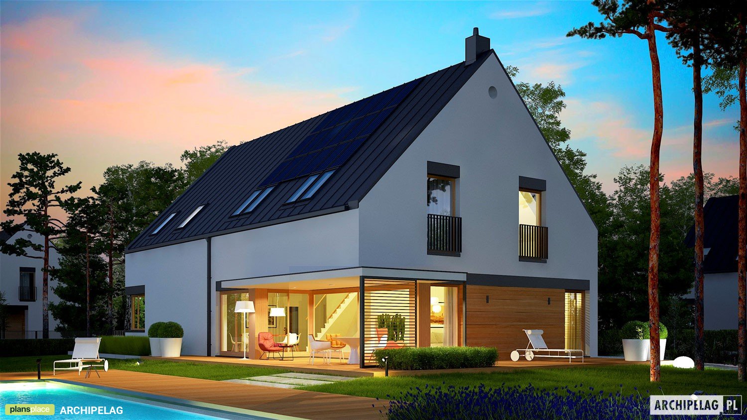 Mājas projekts ar mansardu 298 m²: 4 Guļamistabas, Darba istaba, 3 Vannasistabas, Atvērta virtuve, Garāža