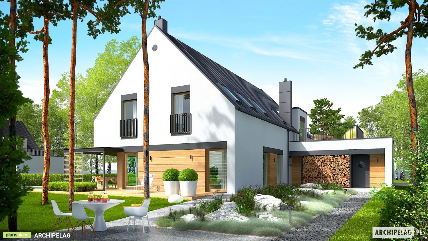 Mājas projekts ar mansardu 298 m²: 4 Guļamistabas, Darba istaba, 3 Vannasistabas, Atvērta virtuve, Garāža