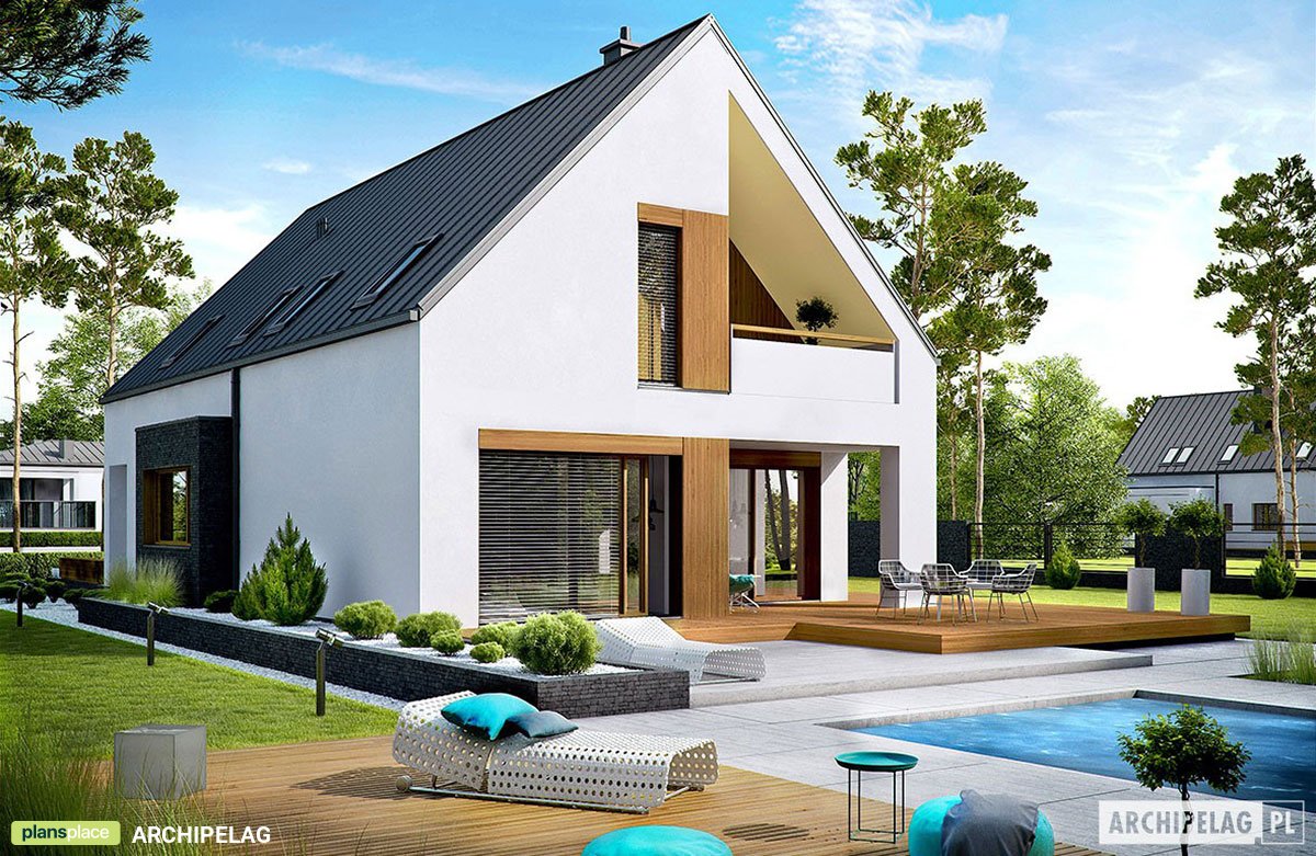 Mājas projekts ar mansardu 175 m²: 3 Guļamistabas, Darba istaba, 3 Vannasistabas, Atvērta virtuve, Garāža
