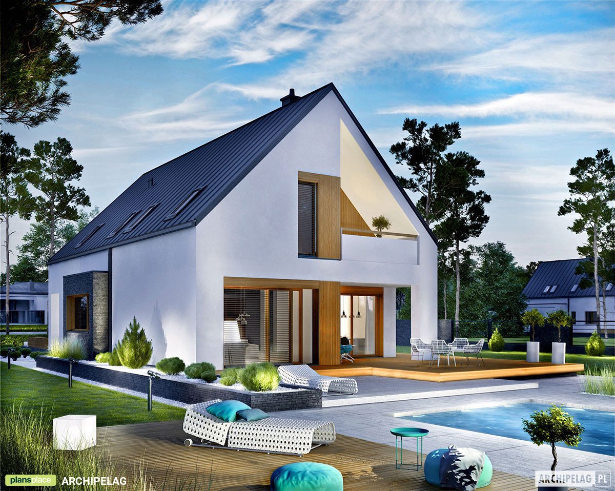 Mājas projekts ar mansardu 175 m²: 3 Guļamistabas, Darba istaba, 3 Vannasistabas, Atvērta virtuve, Garāža