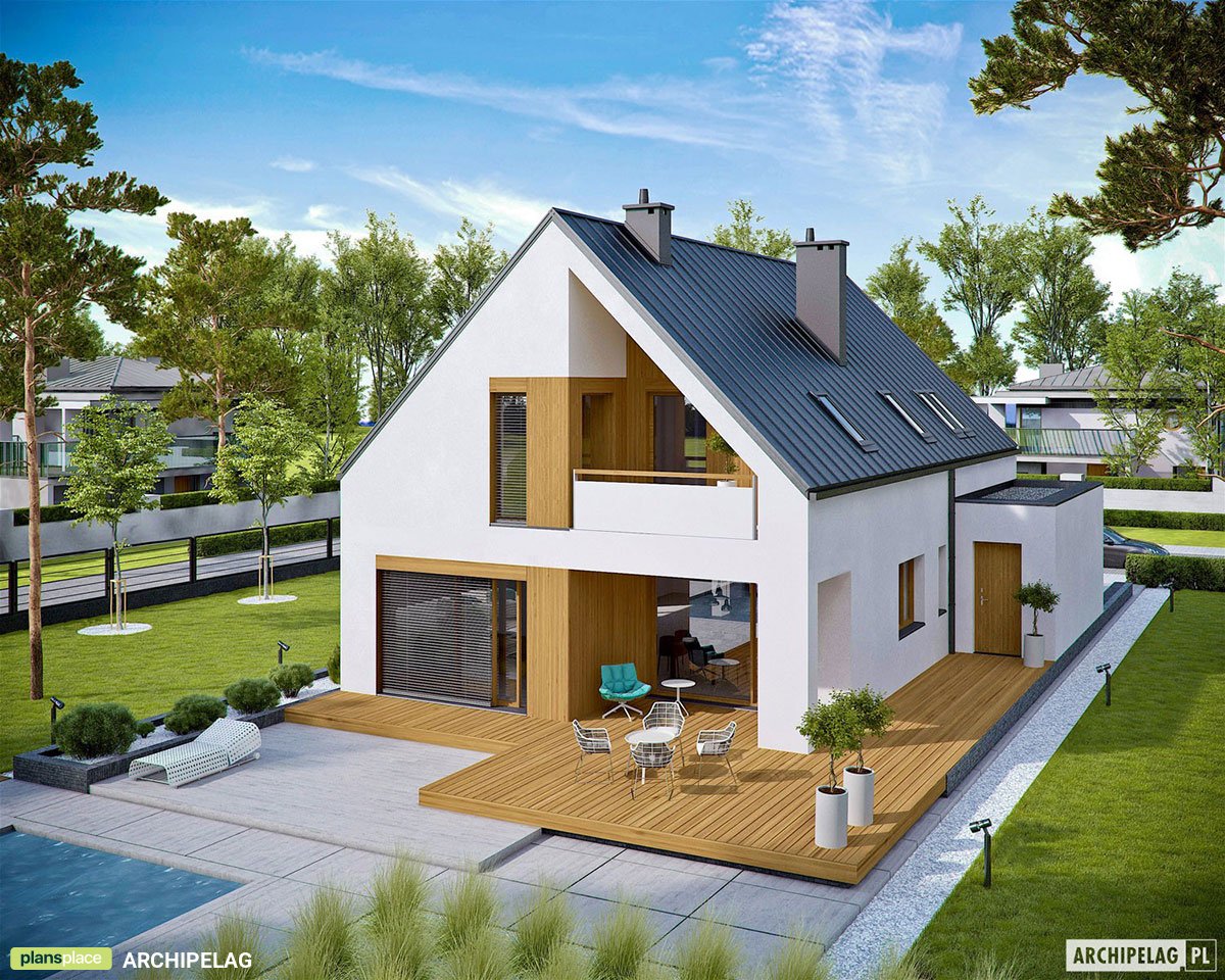 Mājas projekts ar mansardu 175 m²: 3 Guļamistabas, Darba istaba, 3 Vannasistabas, Atvērta virtuve, Garāža