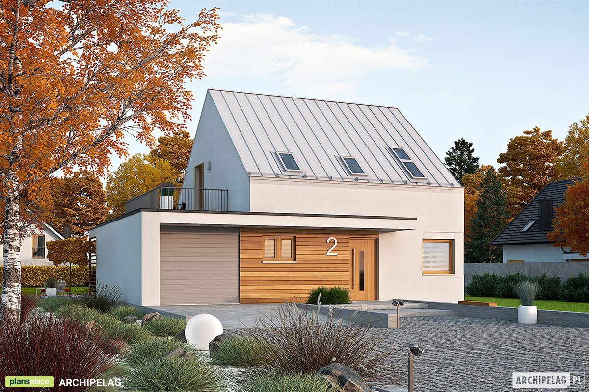 Mājas projekts ar mansardu 133 m²: 3 Guļamistabas, 2 Vannasistabas, Atvērta virtuve, Garāža
