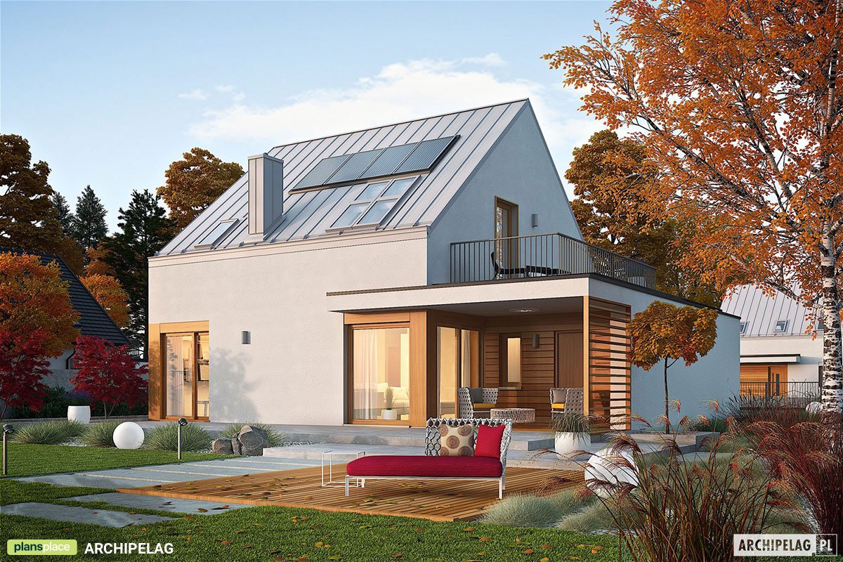 Mājas projekts ar mansardu 133 m²: 3 Guļamistabas, 2 Vannasistabas, Atvērta virtuve, Garāža