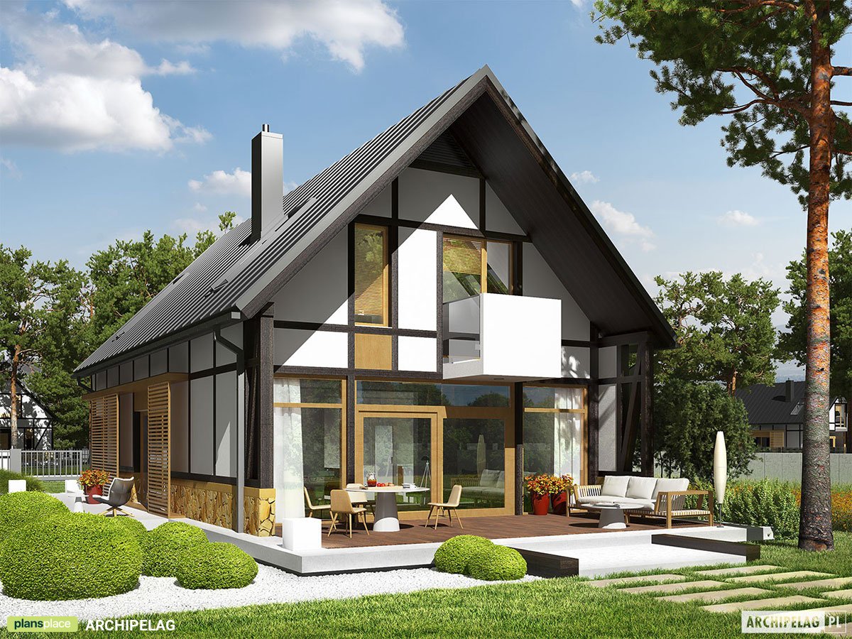 Half-Timbered House Plan with Large Windows and Home Office