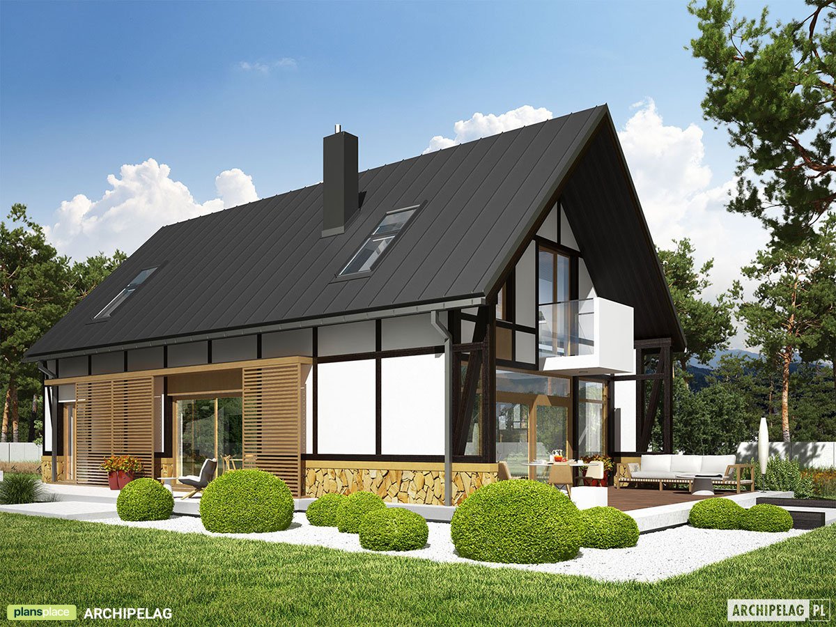 Half-Timbered House Plan with Large Windows and Home Office