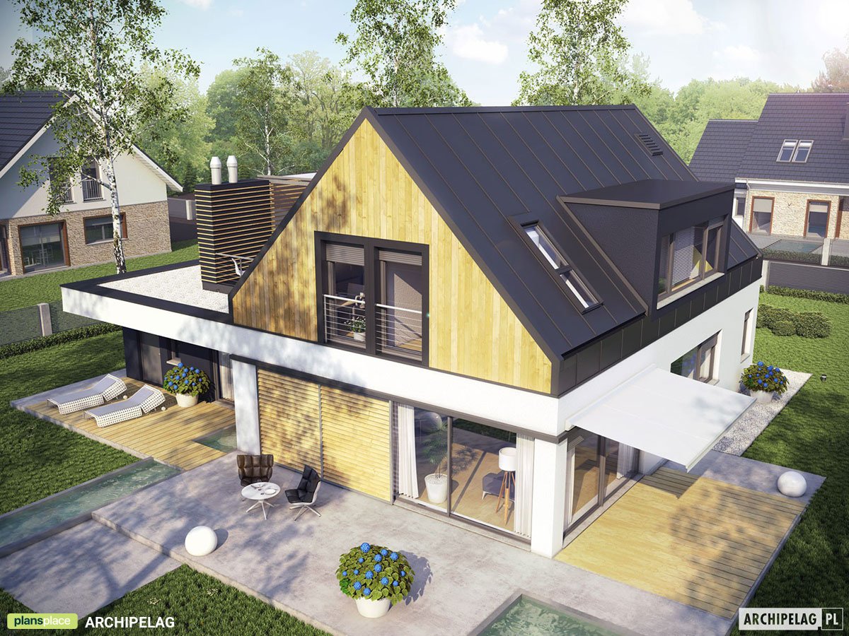 Mājas projekts ar mansardu 207 m²: 3 Guļamistabas, Darba istaba, 2 Vannasistabas, Garāža