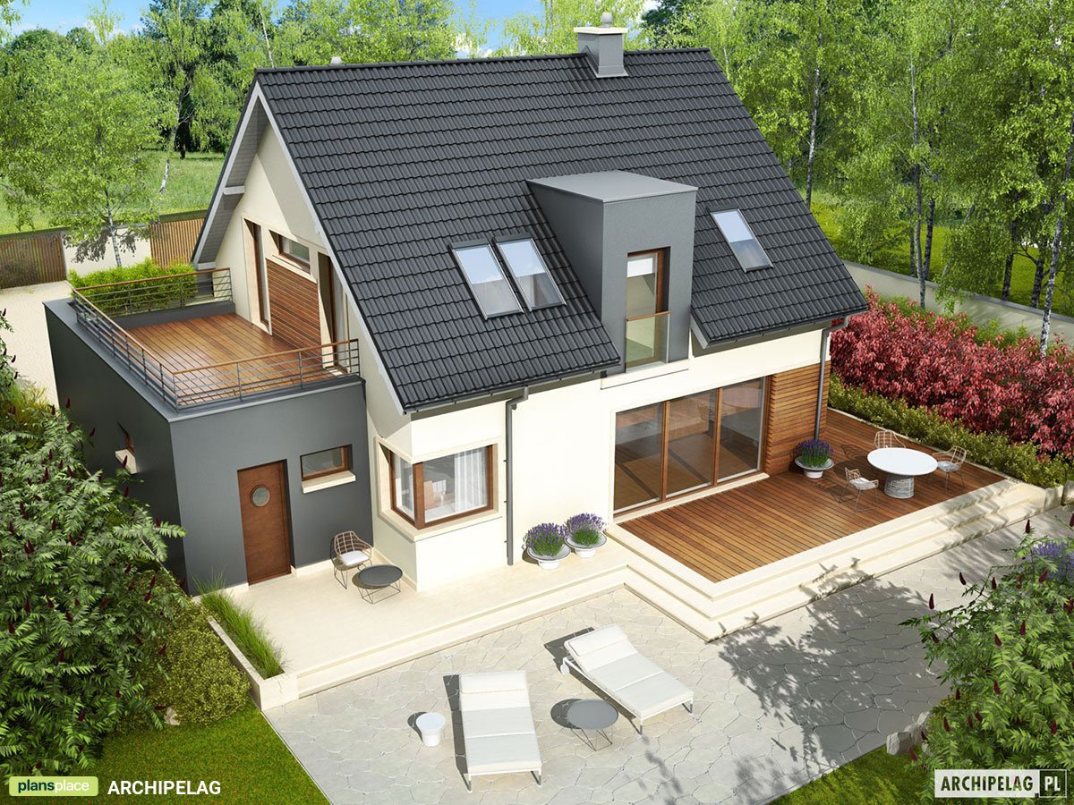 Mājas projekts ar mansardu 161 m²: 3 Guļamistabas, Darba istaba, 2 Vannasistabas, Garāža