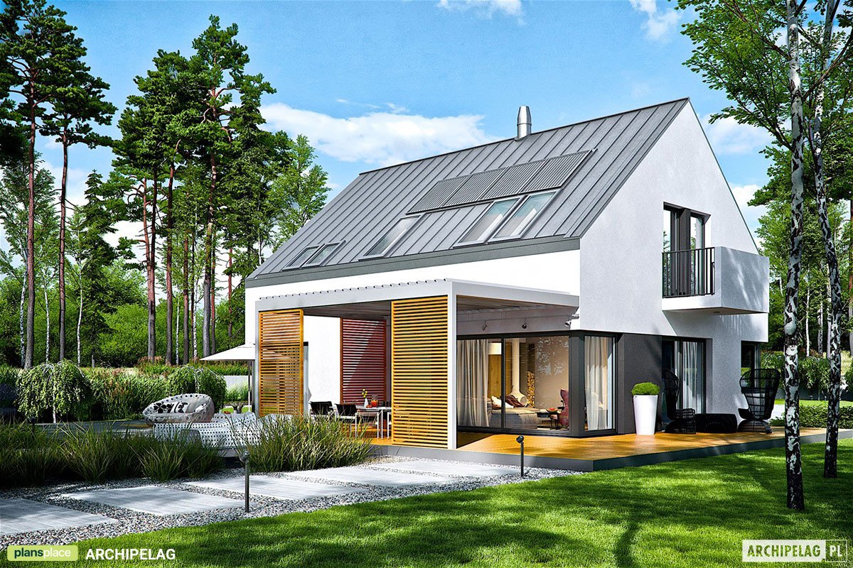 Mājas projekts ar mansardu 194 m²: 3 Guļamistabas, Darba istaba, 3 Vannasistabas, Atvērta virtuve, Garāža