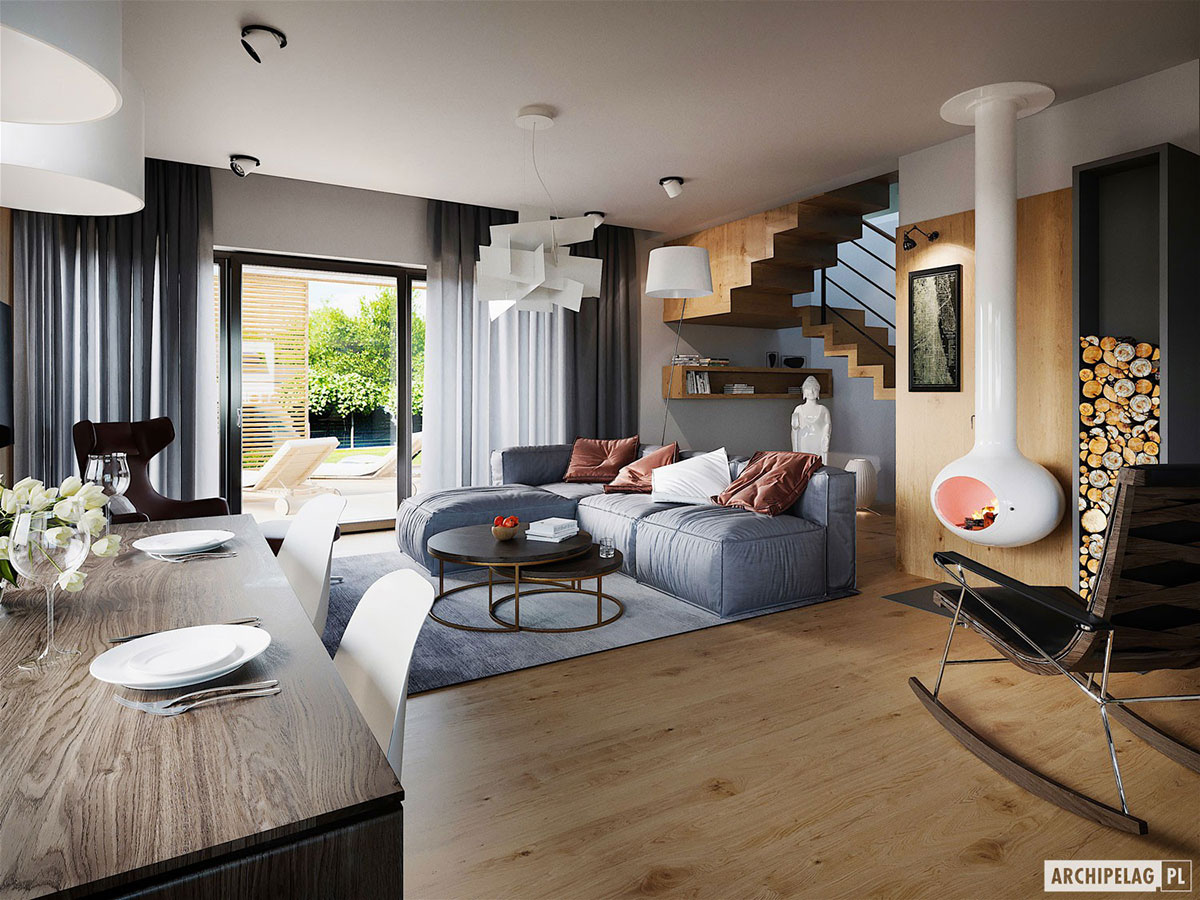 Mājas projekts ar mansardu 194 m²: 3 Guļamistabas, Darba istaba, 3 Vannasistabas, Atvērta virtuve, Garāža