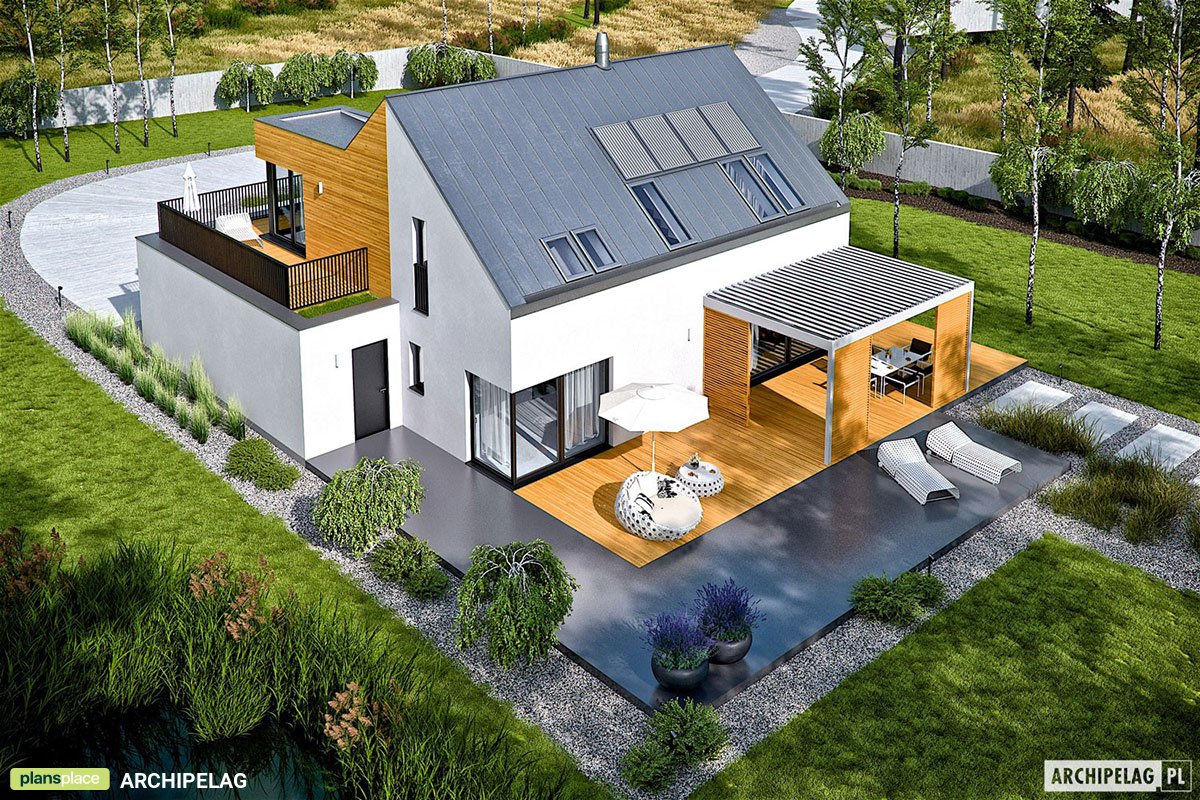 Mājas projekts ar mansardu 194 m²: 3 Guļamistabas, Darba istaba, 3 Vannasistabas, Atvērta virtuve, Garāža