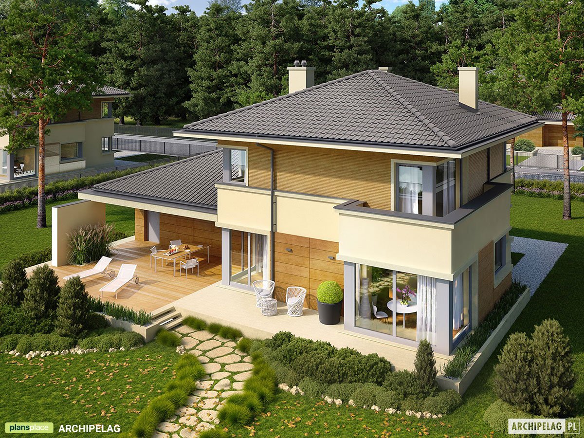 Divstāvu mājas projekts 175 m²: 3 Guļamistabas, Darba istaba, 2 Vannasistabas, Atvērta virtuve, Garāža