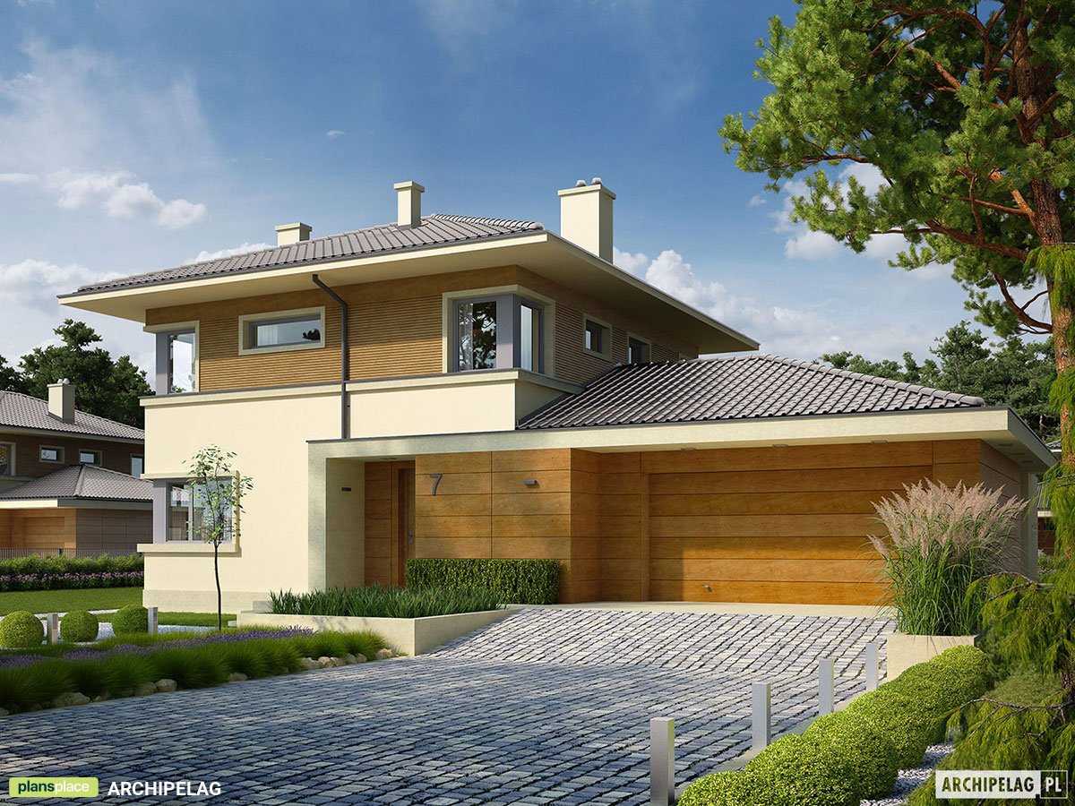 Divstāvu mājas projekts 175 m²: 3 Guļamistabas, Darba istaba, 2 Vannasistabas, Atvērta virtuve, Garāža