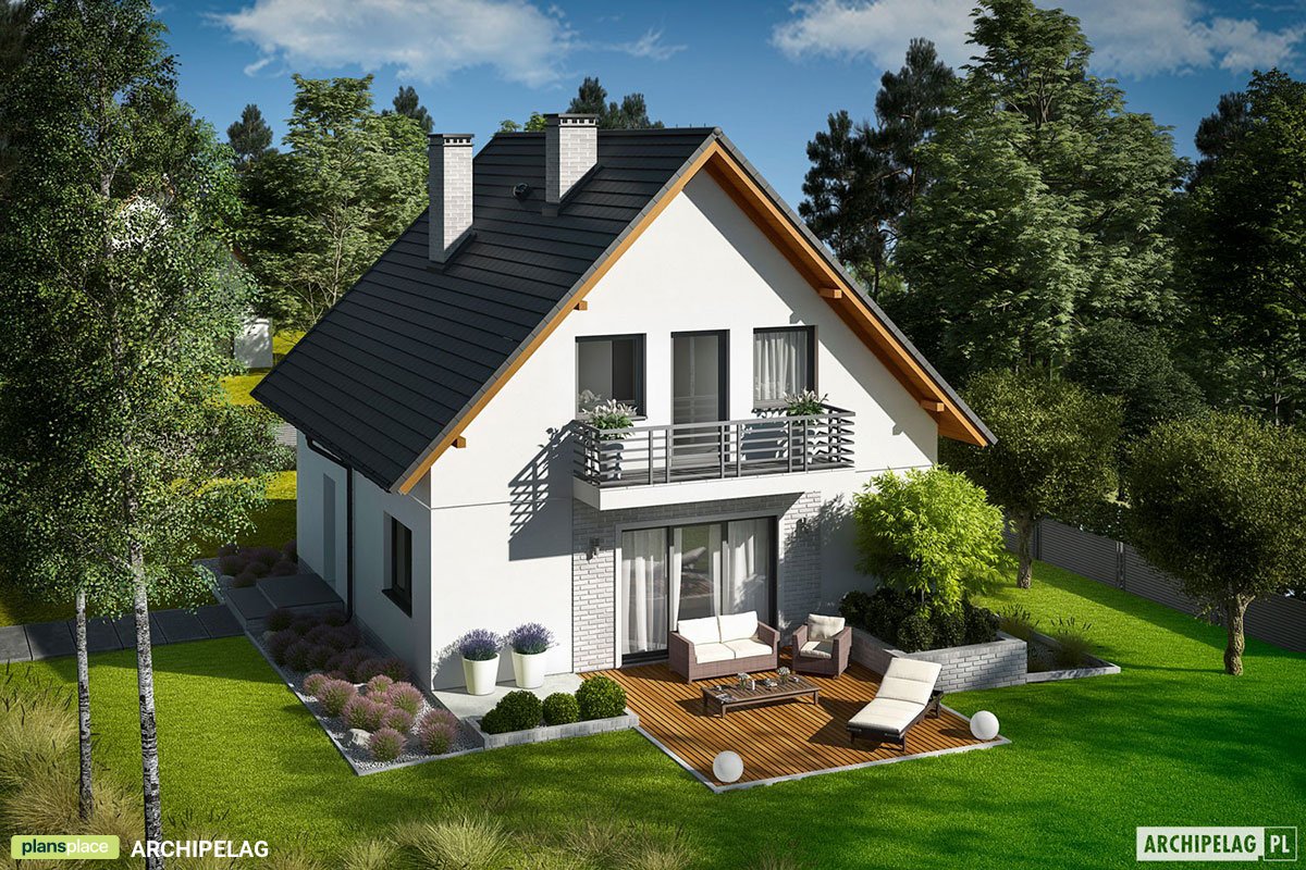 Mājas projekts ar mansardu 124 m²: 3 Guļamistabas, Darba istaba, 2 Vannasistabas, Atvērta virtuve, bez Garāžas