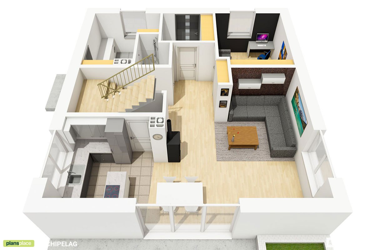 Mājas projekts ar mansardu 124 m²: 3 Guļamistabas, Darba istaba, 2 Vannasistabas, Atvērta virtuve, bez Garāžas