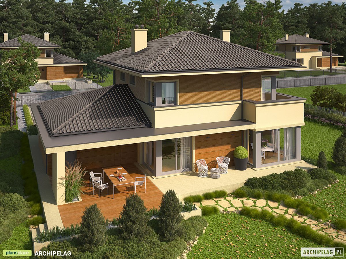 Divstāvu mājas projekts 161 m²: 3 Guļamistabas, Darba istaba, 2 Vannasistabas, Atvērta virtuve, Garāža