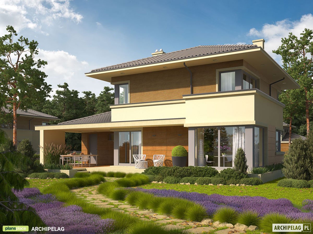 Divstāvu mājas projekts 161 m²: 3 Guļamistabas, Darba istaba, 2 Vannasistabas, Atvērta virtuve, Garāža