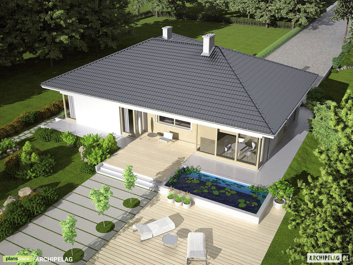 Hip Roof House Plan with Courtyard-Entry Garage and 3 Beds