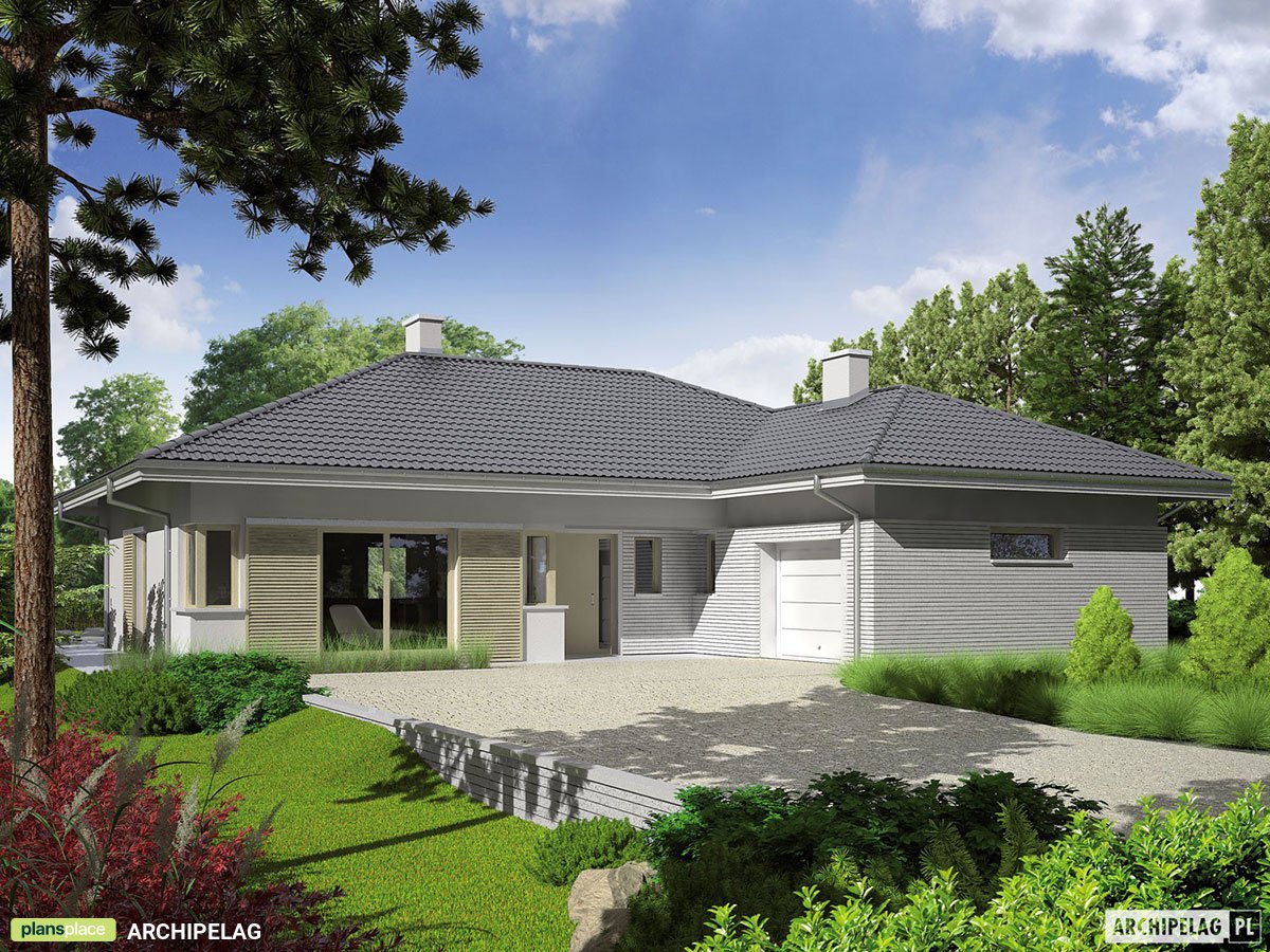 Hip Roof House Plan with Courtyard-Entry Garage and 3 Beds