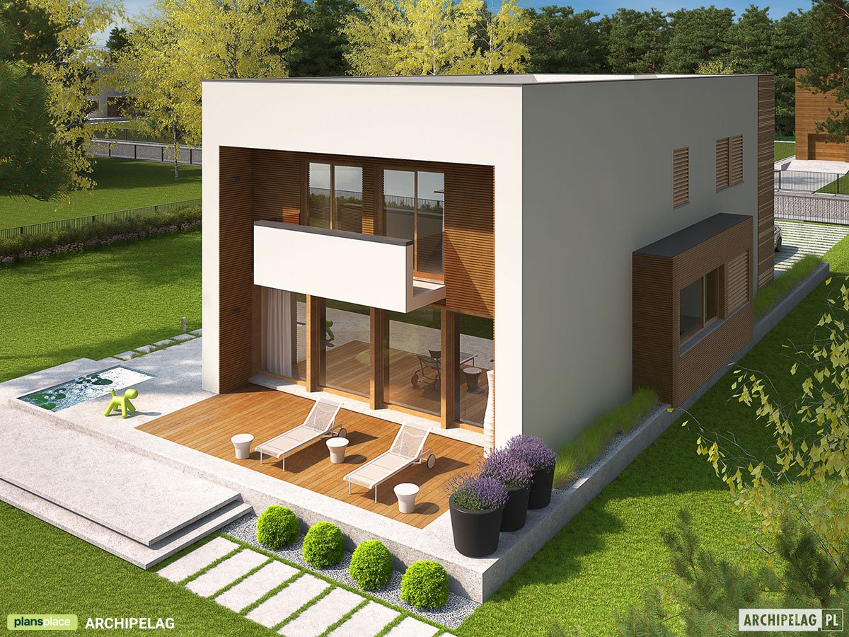 Flat Roof Plan with 1-Car Garage and Master Suite Upstairs