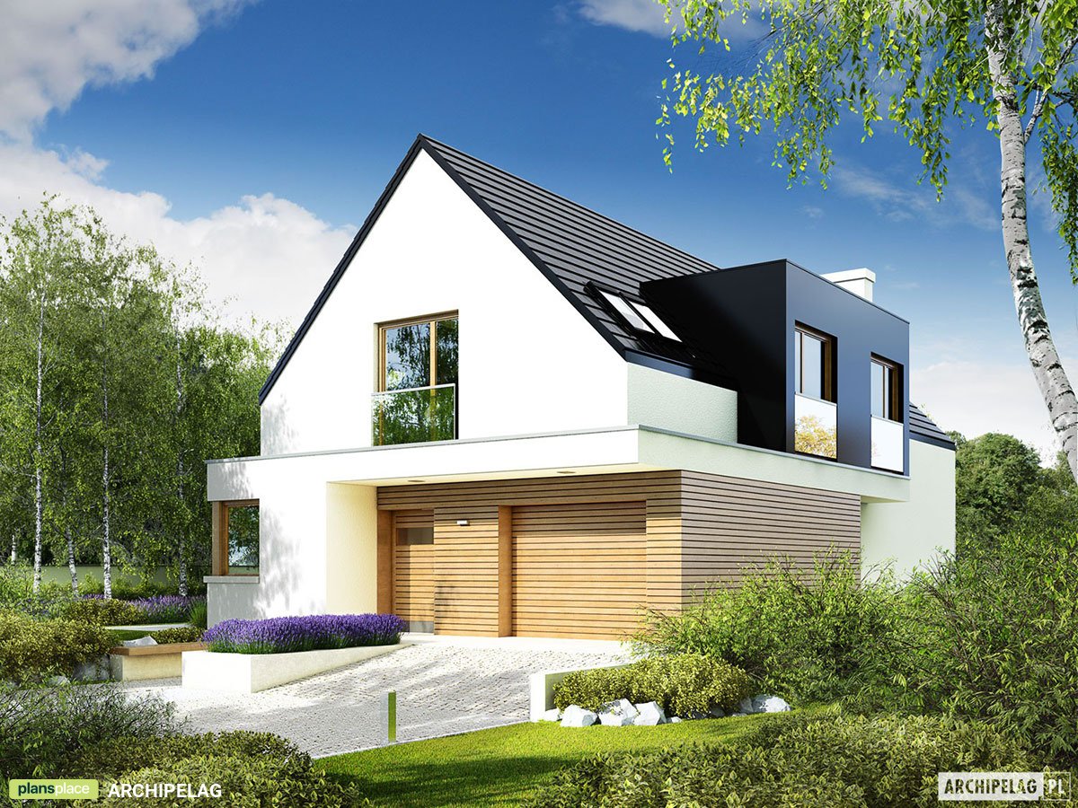 Mājas projekts ar mansardu 195 m²: 3 Guļamistabas, Darba istaba, 3 Vannasistabas, Garāža