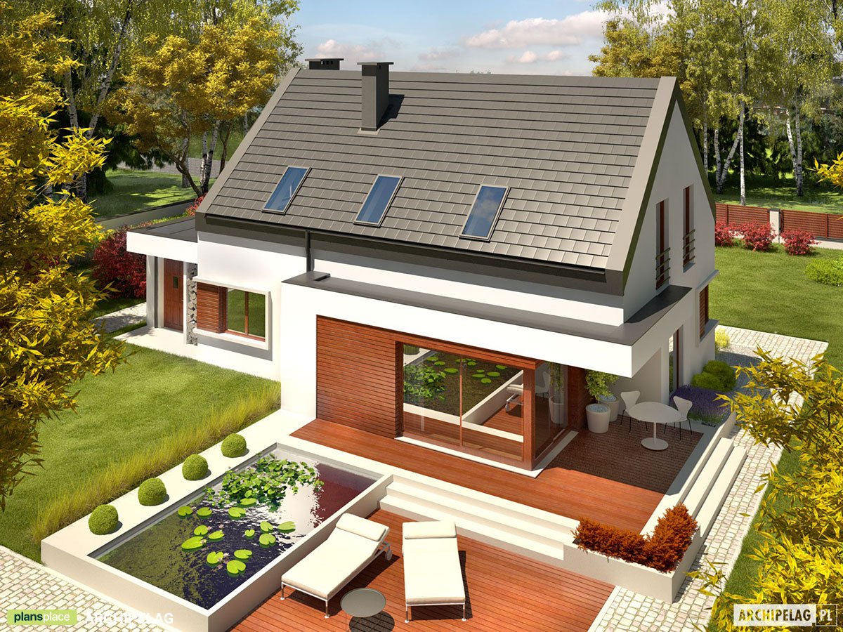 Mājas projekts ar mansardu 178 m²: 3 Guļamistabas, Darba istaba, 2 Vannasistabas, Atvērta virtuve, Garāža